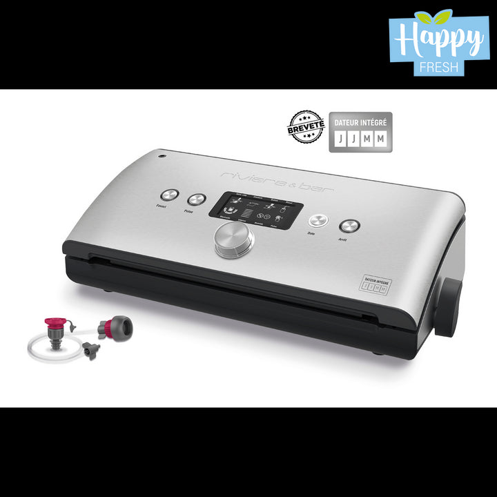 Machine de mise sous vide argentée et noire.