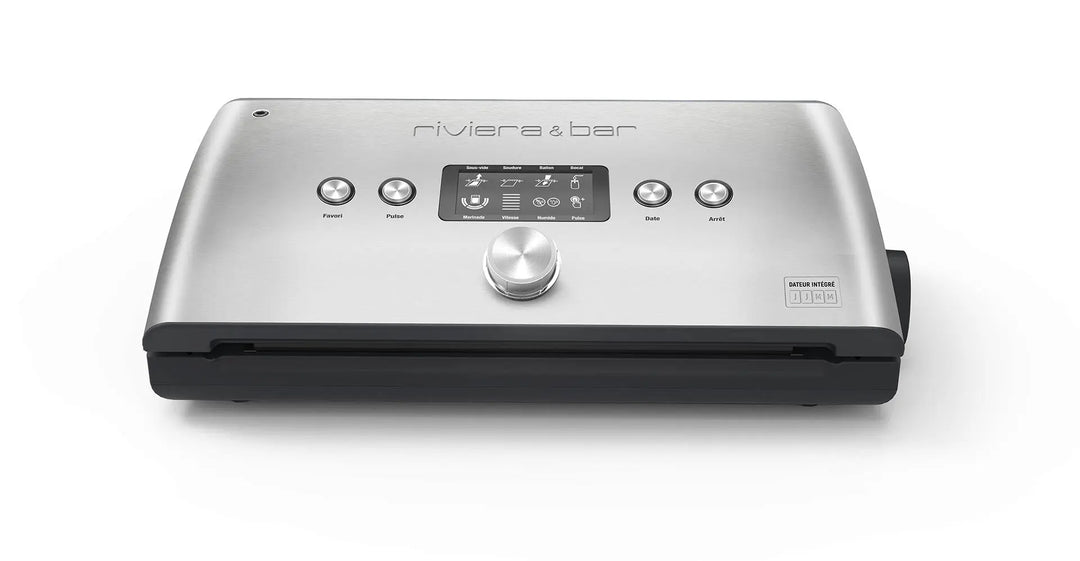 Voici une description en français de l'image :
Machine sous vide Riviera & Bar en acier inoxydable.
