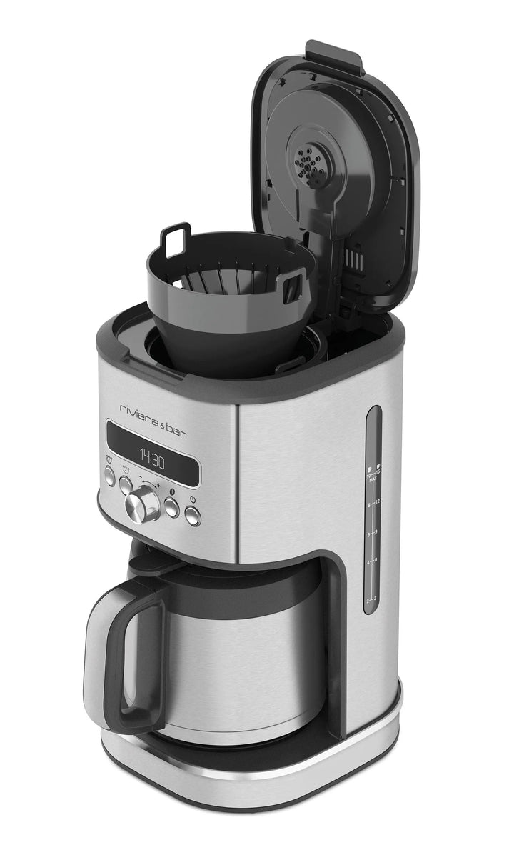 Cafetière en acier inoxydable avec couvercle ouvert.