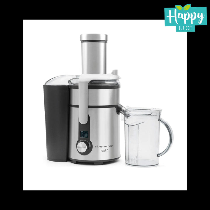 Extracteur de jus argenté avec verseur transparent.