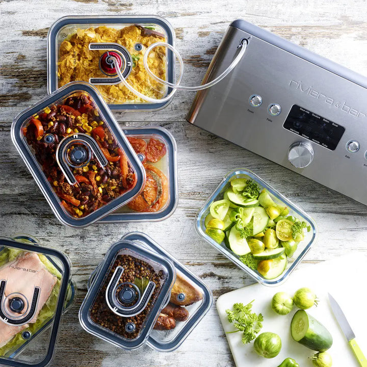 Conserves alimentaires sous vide, récipients en verre, appareil Riviera & Bar.