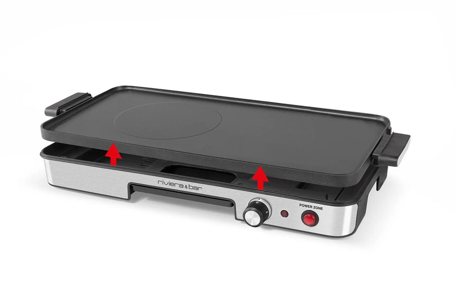 Grill électrique noir et argent avec flèches rouges pointant vers le haut.