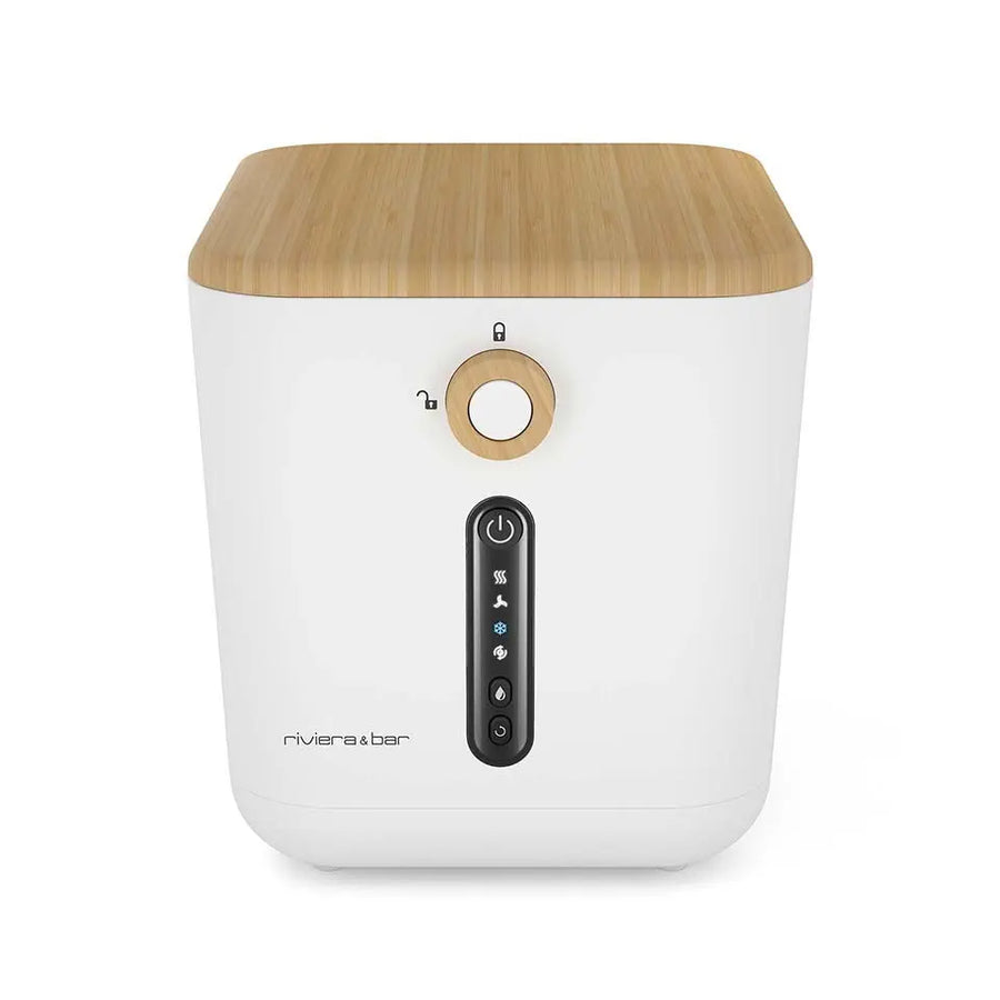 Humidificateur blanc avec couvercle en bois.