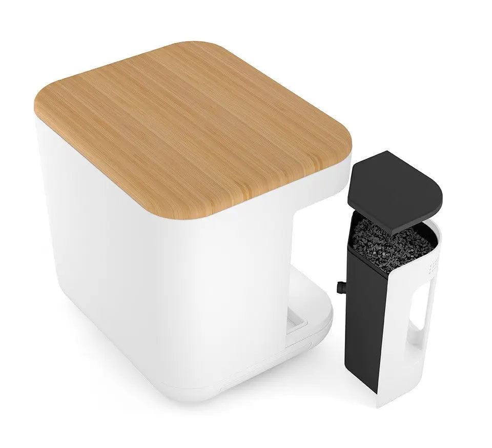 Purificateur d'air blanc avec couvercle en bois.