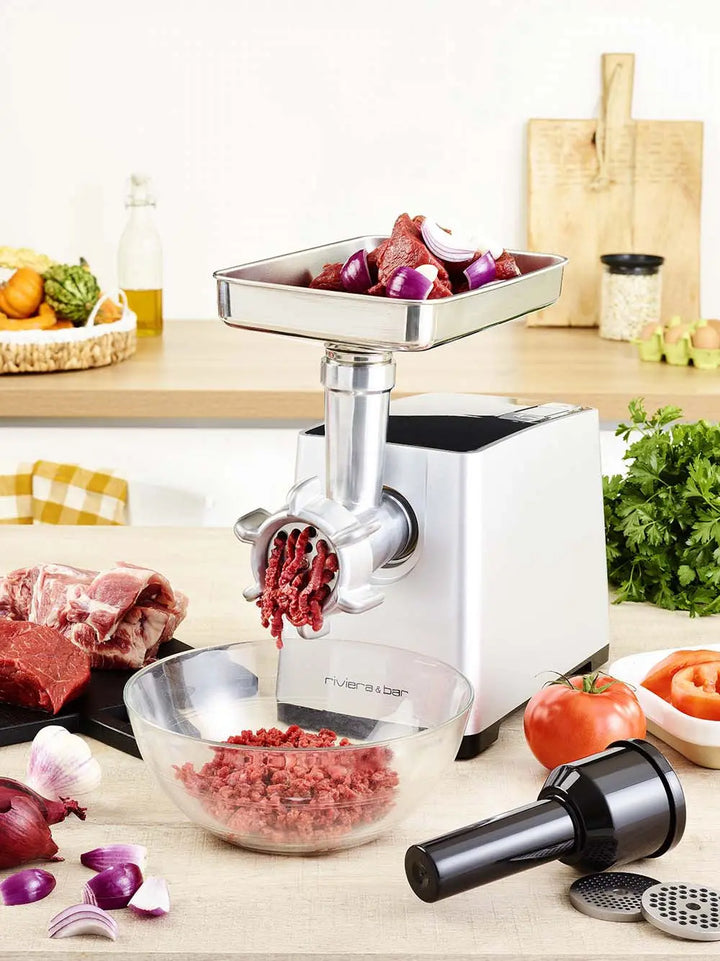 Hachoir à viande électrique en acier inoxydable.