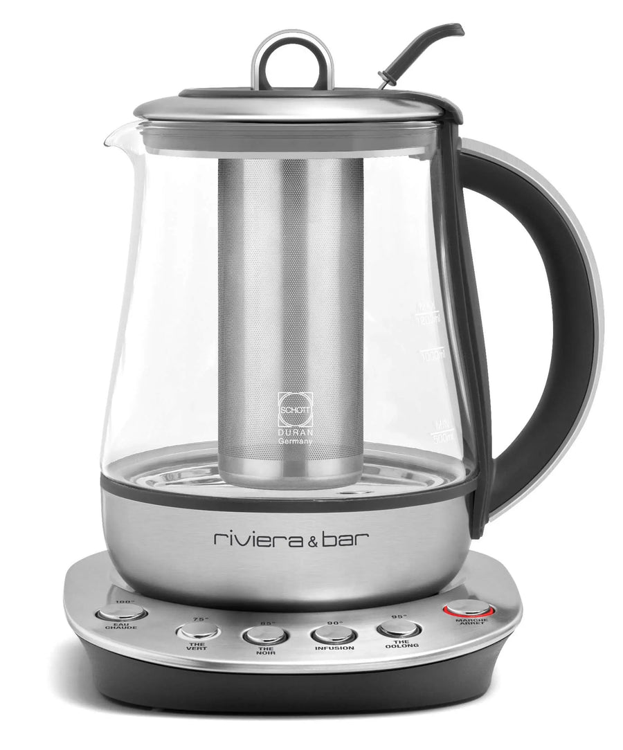 Théière électrique en verre et acier inoxydable avec infuseur.