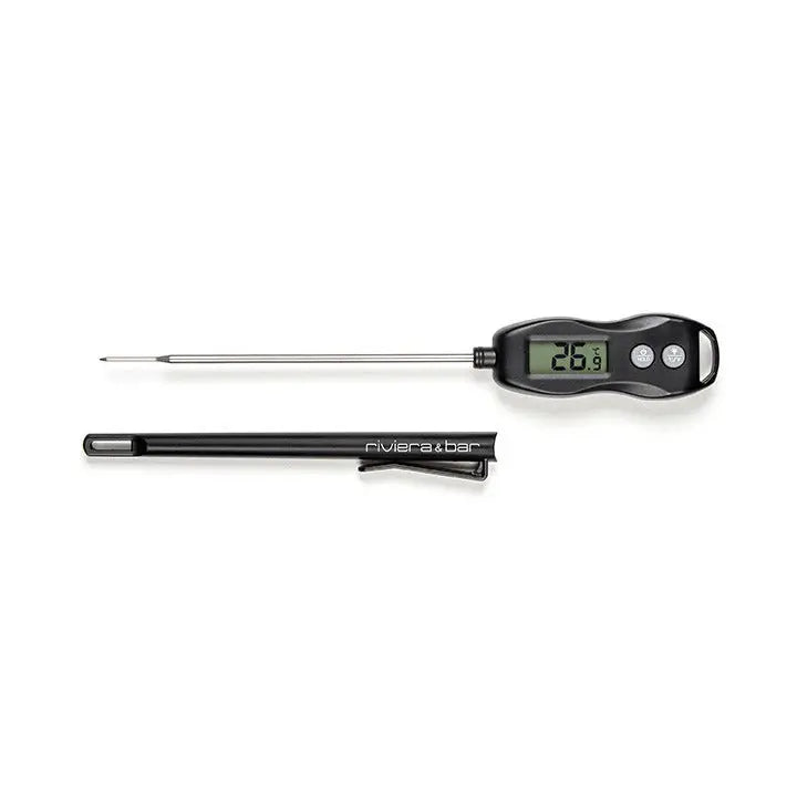Thermomètre numérique de cuisine avec sonde en acier inoxydable et étui noir.