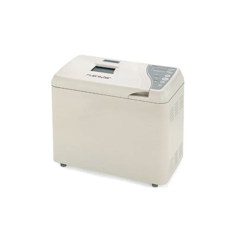 Une machine à pain beige avec un panneau de commande numérique et des boutons en haut à droite, de forme rectangulaire, sur fond blanc.