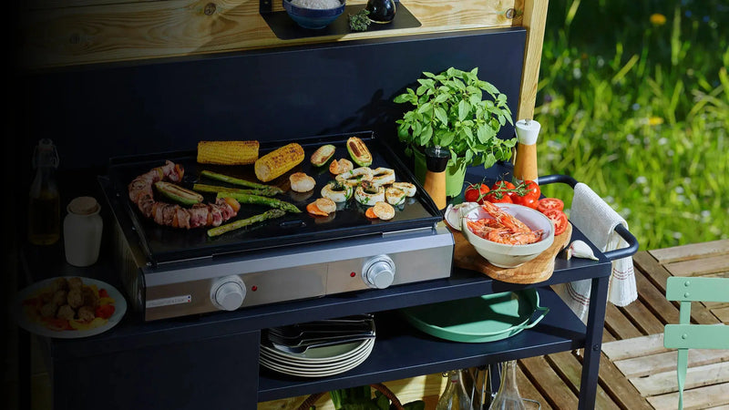 Plancha d’extérieur riviera&bar en acier inoxydable avec grillades de légumes colorés en plein air