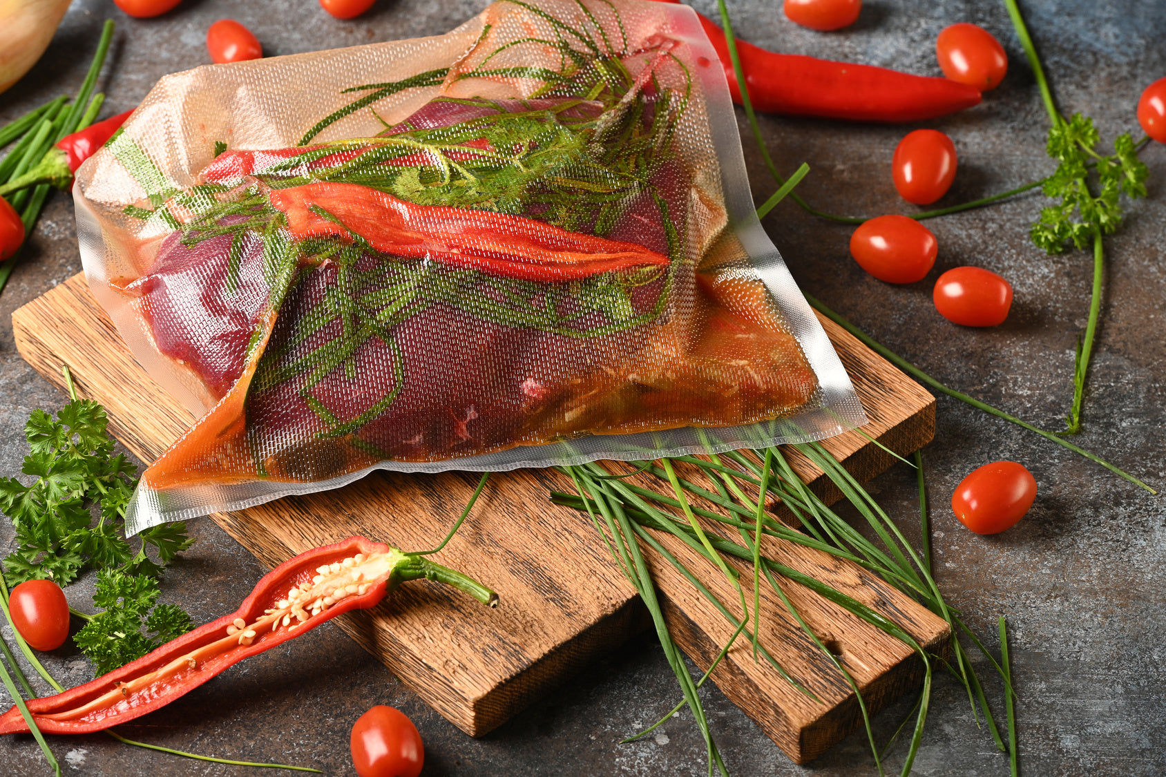 Un sachet sous vide contenant de la viande crue, des herbes et des piments, posé sur une planche en bois, entouré de tomates cerises, de ciboulette, de persil et de piment rouge émincé, le tout sur un fond sombre.