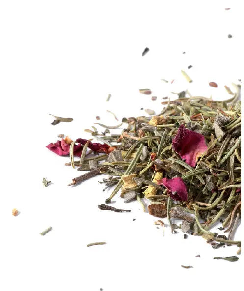 Collection thés et infusions riviera&bar avec tasse de thé fumant et feuilles de thé vert