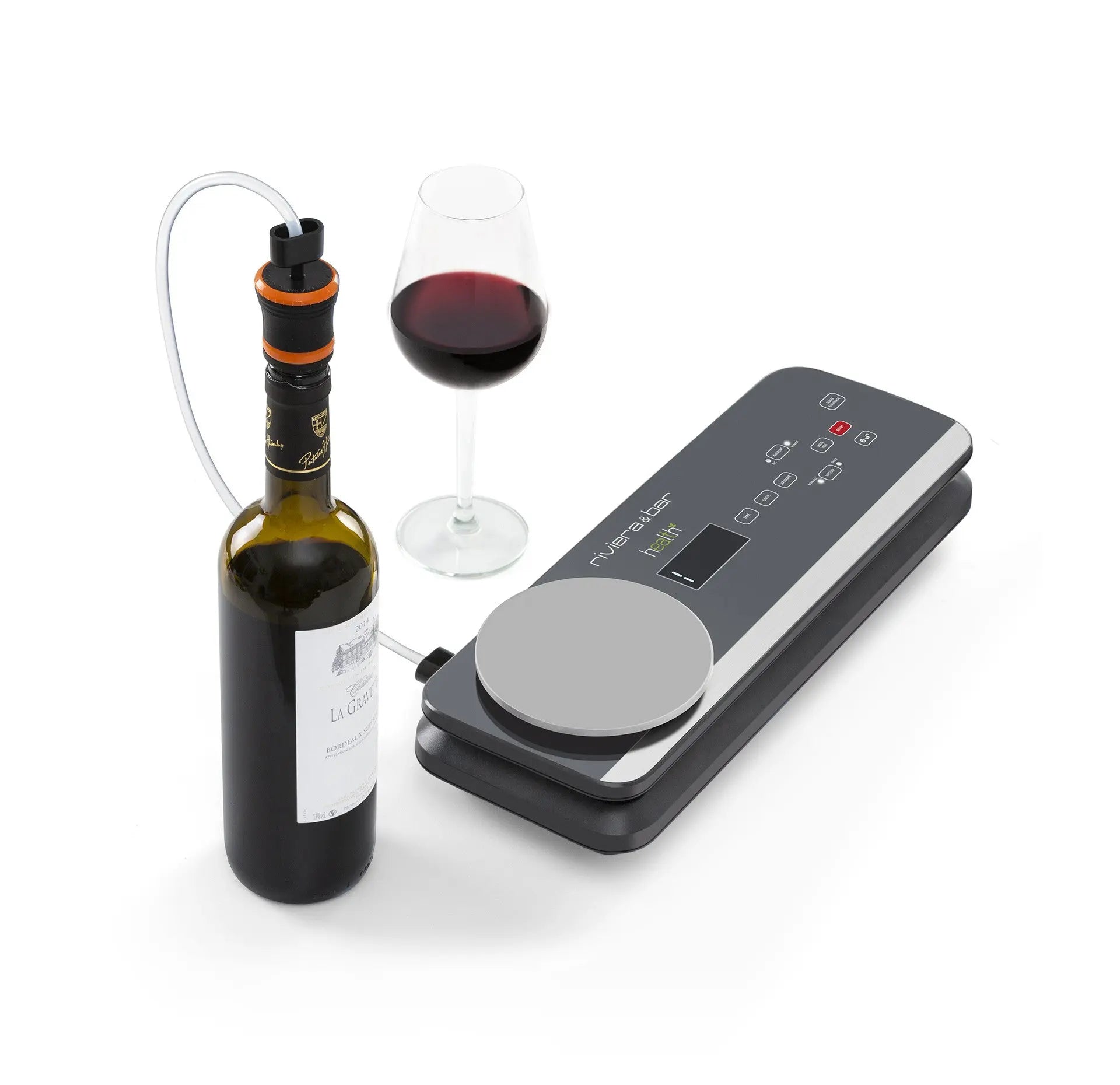 Image de présentation d'un appareil Riviera & Bar Health pour conserver le vin, avec une bouteille de vin rouge et un verre rempli.