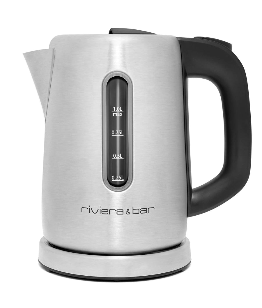 Bouilloire électrique en inox avec poignée noire.
