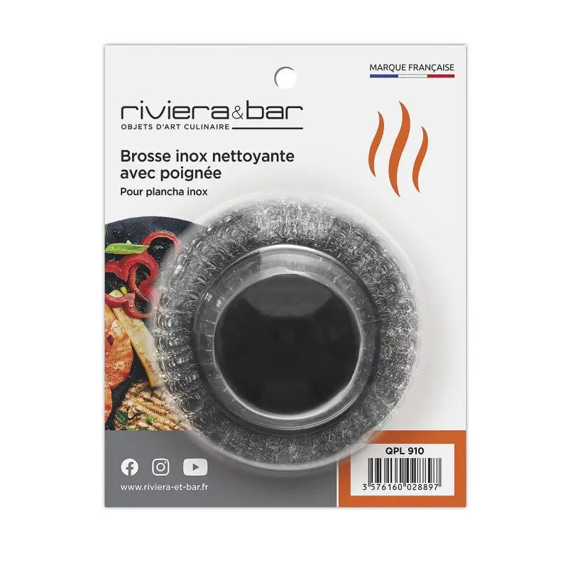 Brosse nettoyante en inox pour plancha.