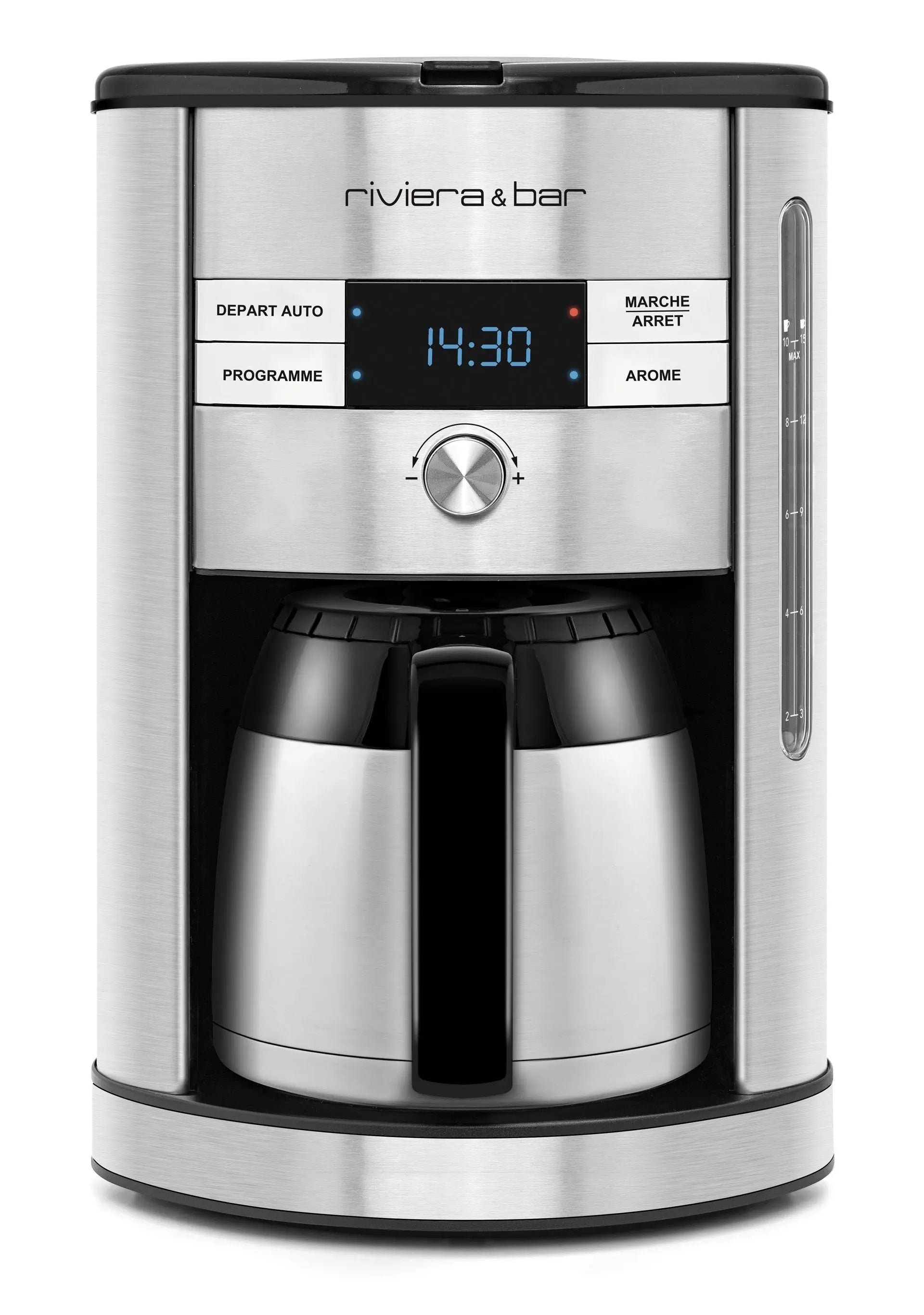 Cafetière Riviera & Bar en acier inoxydable avec carafe isotherme.