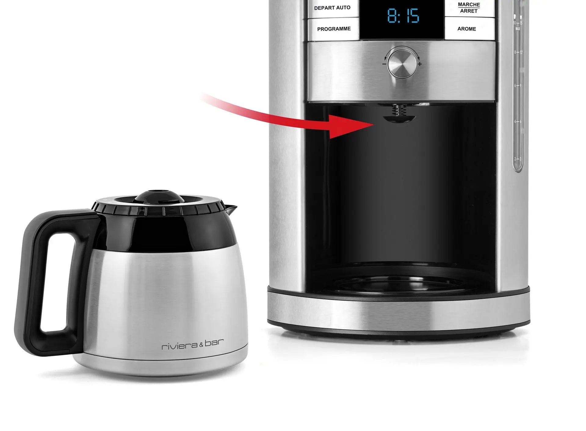 Cafetière Riviera & Bar en acier inoxydable avec carafe isotherme.