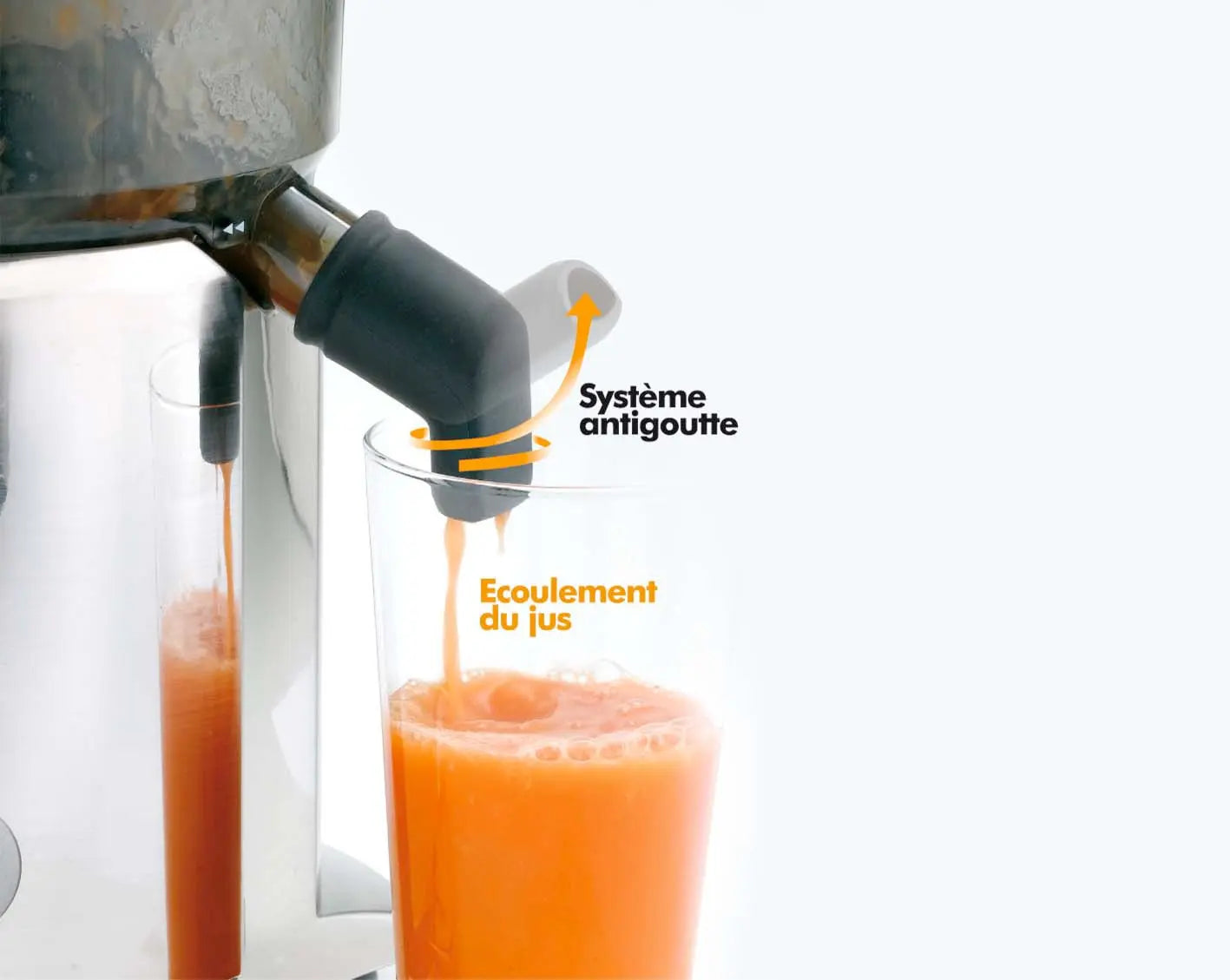 Extracteur de jus avec système anti-goutte, jus d'orange.