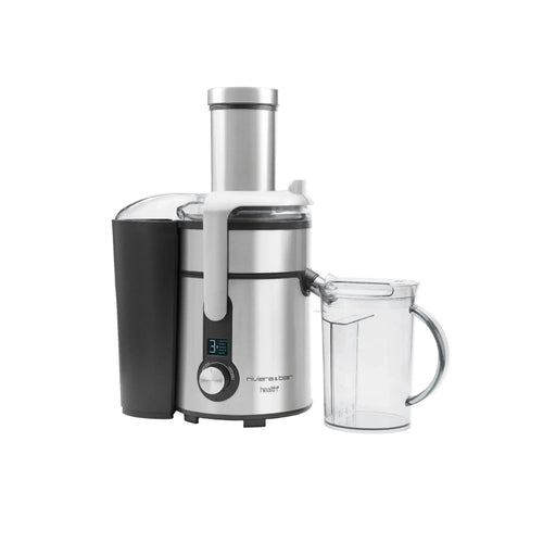 Extracteur de jus argenté avec verseur transparent.
