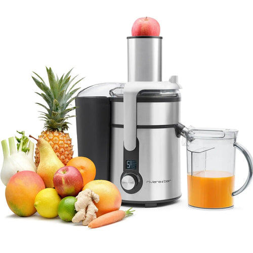 Extracteur de jus Riviera&Bar avec fruits et légumes variés.