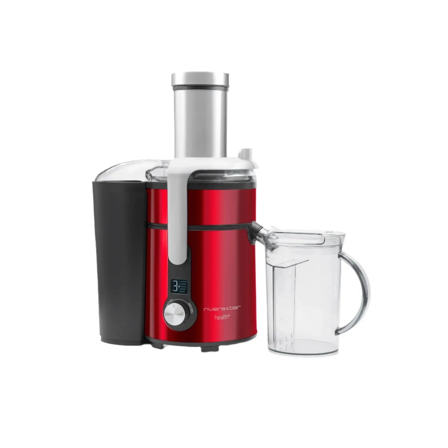 Extracteur de jus rouge et argenté.