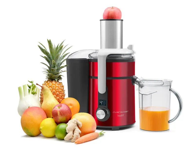 Extracteur de jus rouge avec fruits variés.
