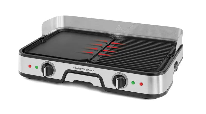 Le plancha-gril riviera&bar Combiné offre des surfaces de gril et de plaque en aluminium séparées, deux boutons de commande, des voyants lumineux et une protection transparente contre les éclaboussures pour une cuisson précise.