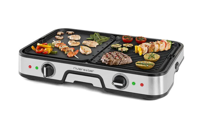 Le plancha-gril Combiné de riviera&bar est doté de plaques en aluminium avec deux surfaces de cuisson pour des grillades variées. Les boutons de commande frontaux et les voyants lumineux garantissent des résultats parfaits à chaque fois.