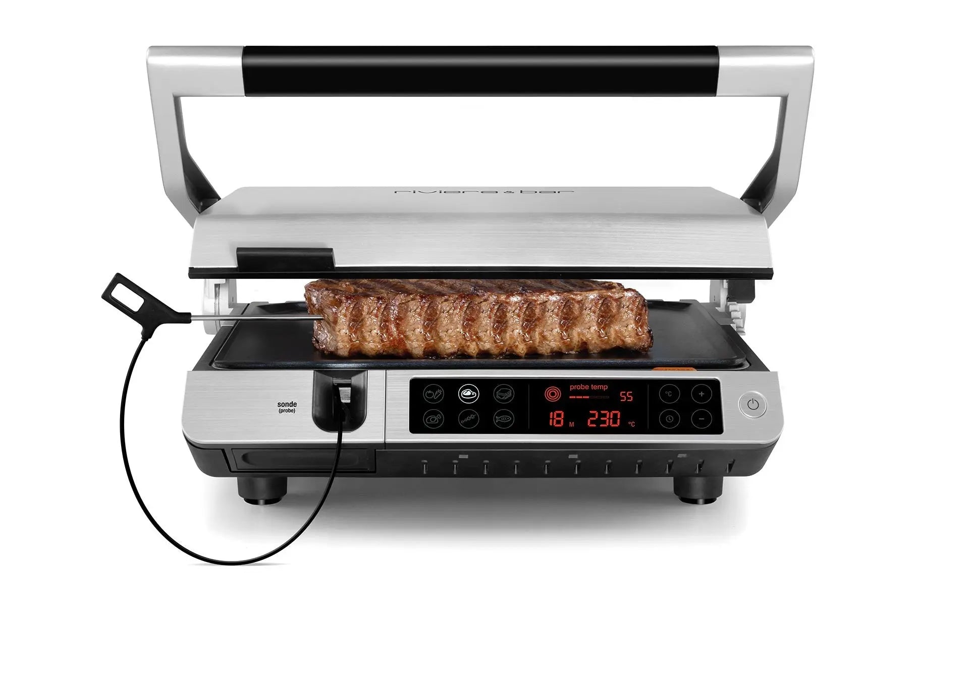 Grill de contact avec thermomètre intégré.