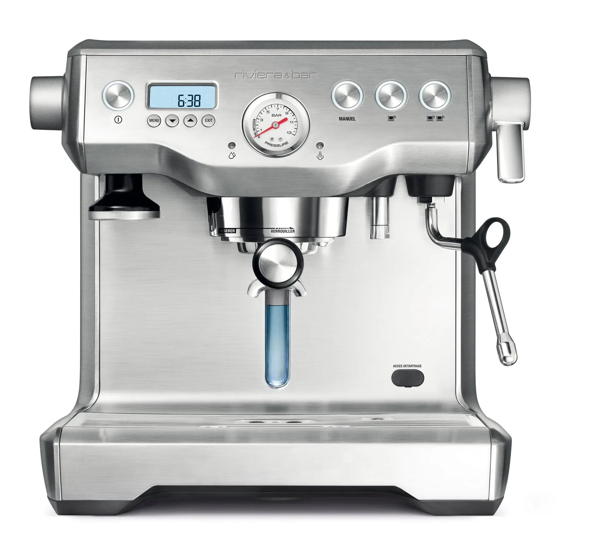 Machine à café expresso en acier inoxydable.