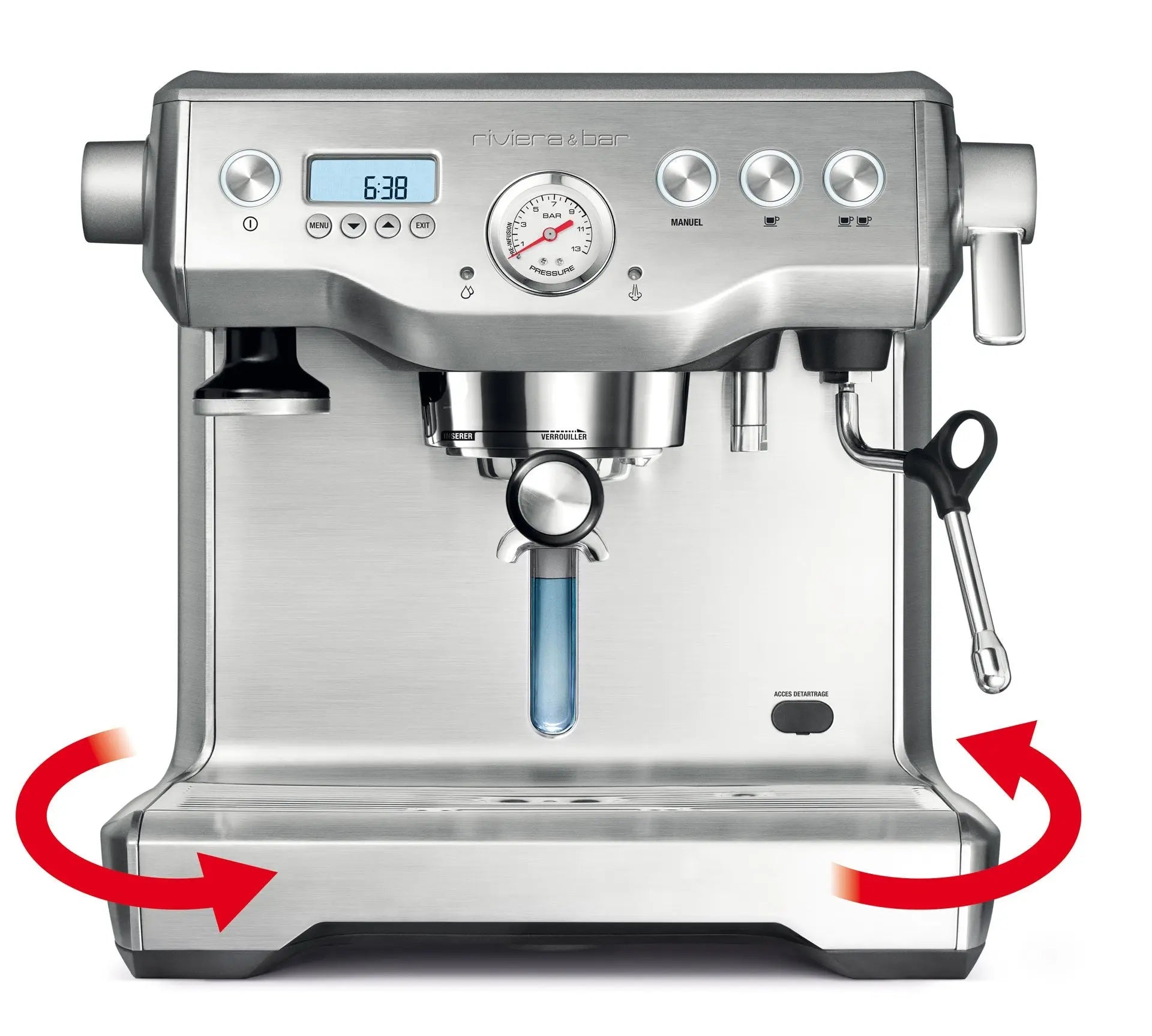 Machine à café Riviera & Bar en acier inoxydable avec flèches rouges indiquant la base amovible.