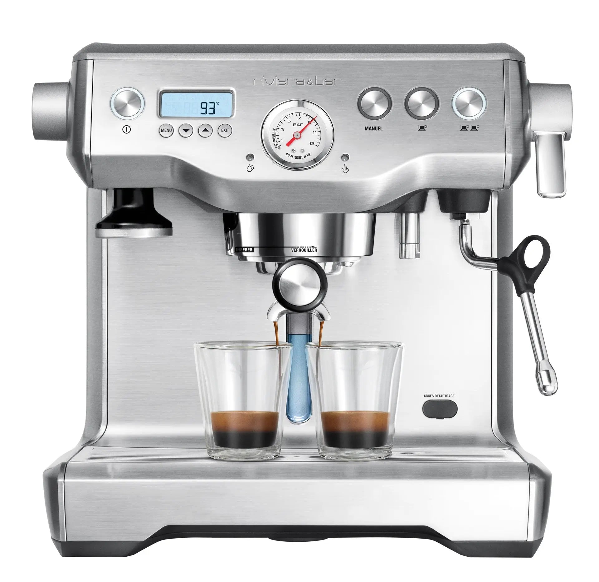 Machine à café expresso en acier inoxydable, deux tasses remplies.