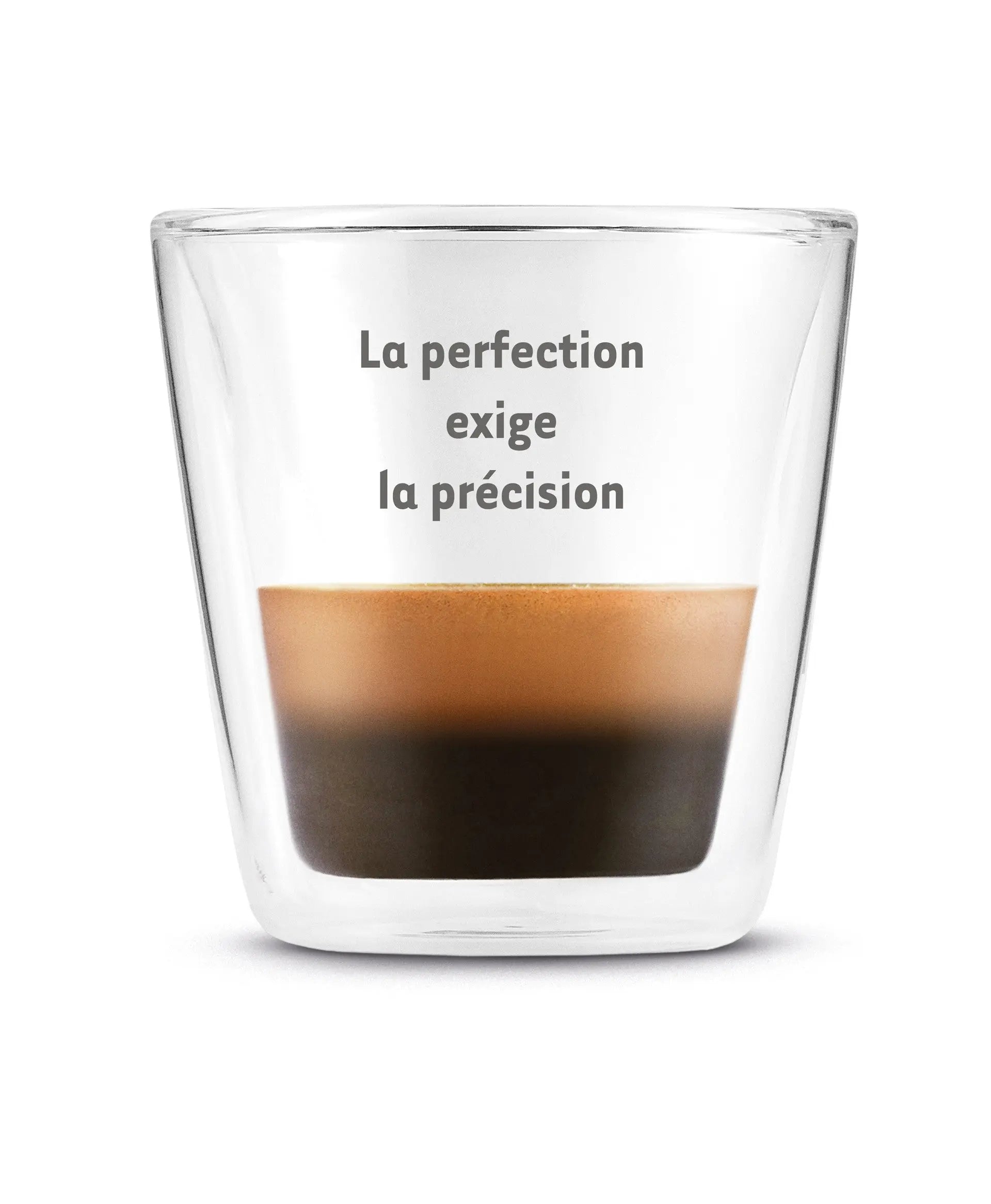 Tasse à café double paroi avec du café et une inscription.