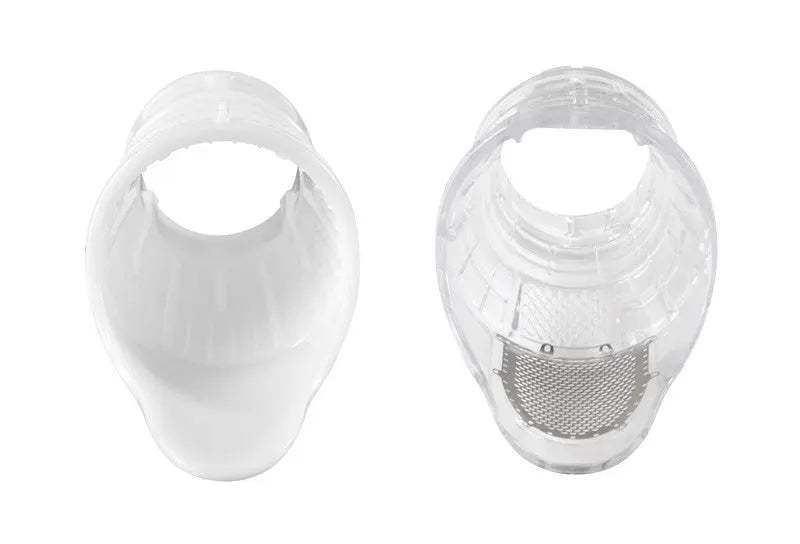 Deux embouts transparents avec une grille métallique.
