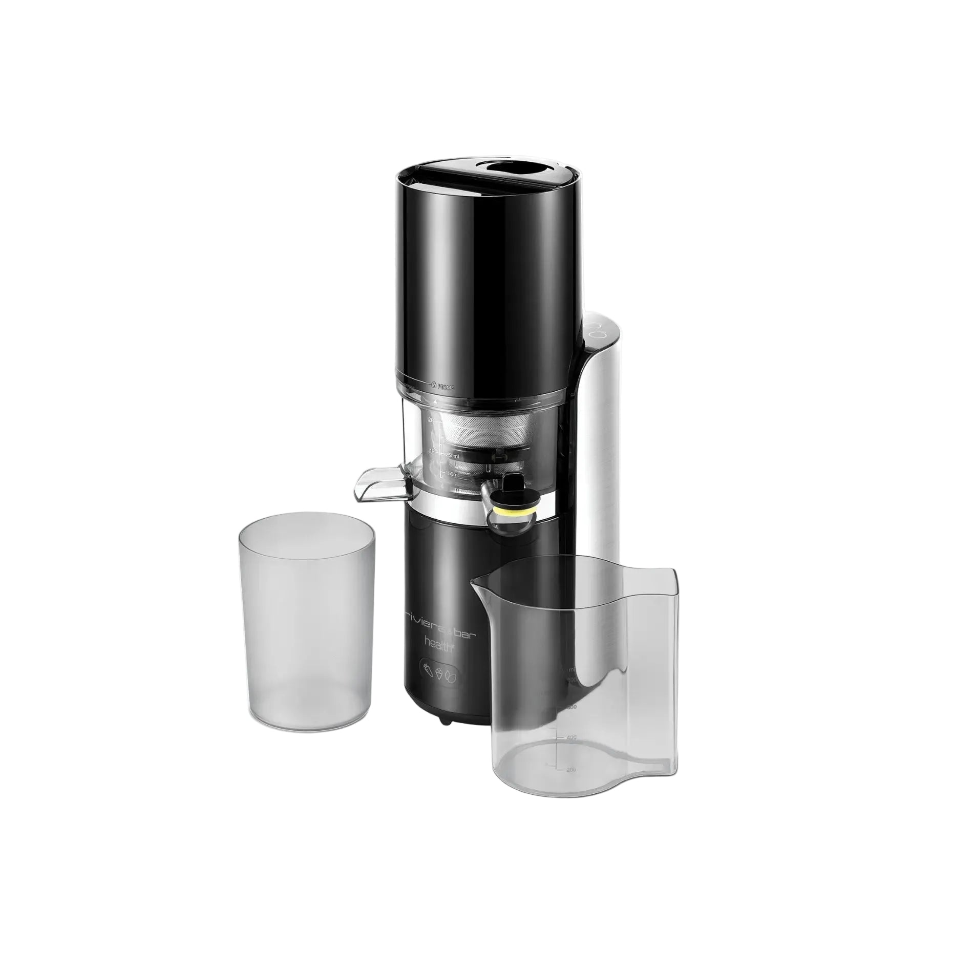 Extracteur de jus noir et argenté avec deux récipients transparents.