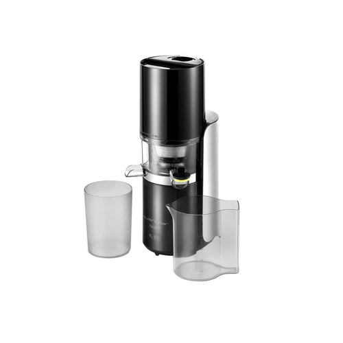 Extracteur de jus noir et argenté avec deux récipients transparents.