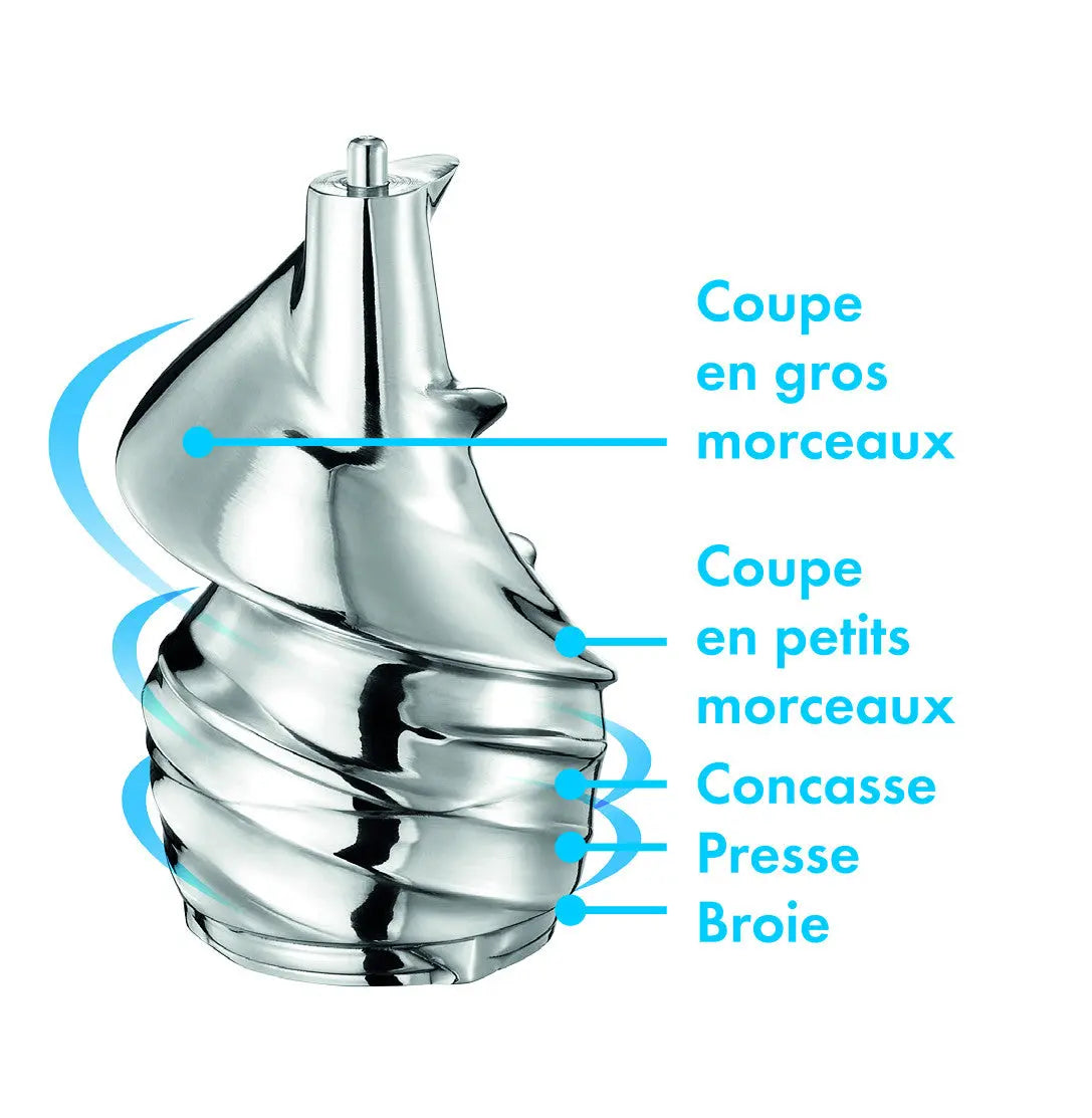 Pièce d'extraction en métal argenté avec des annotations.
