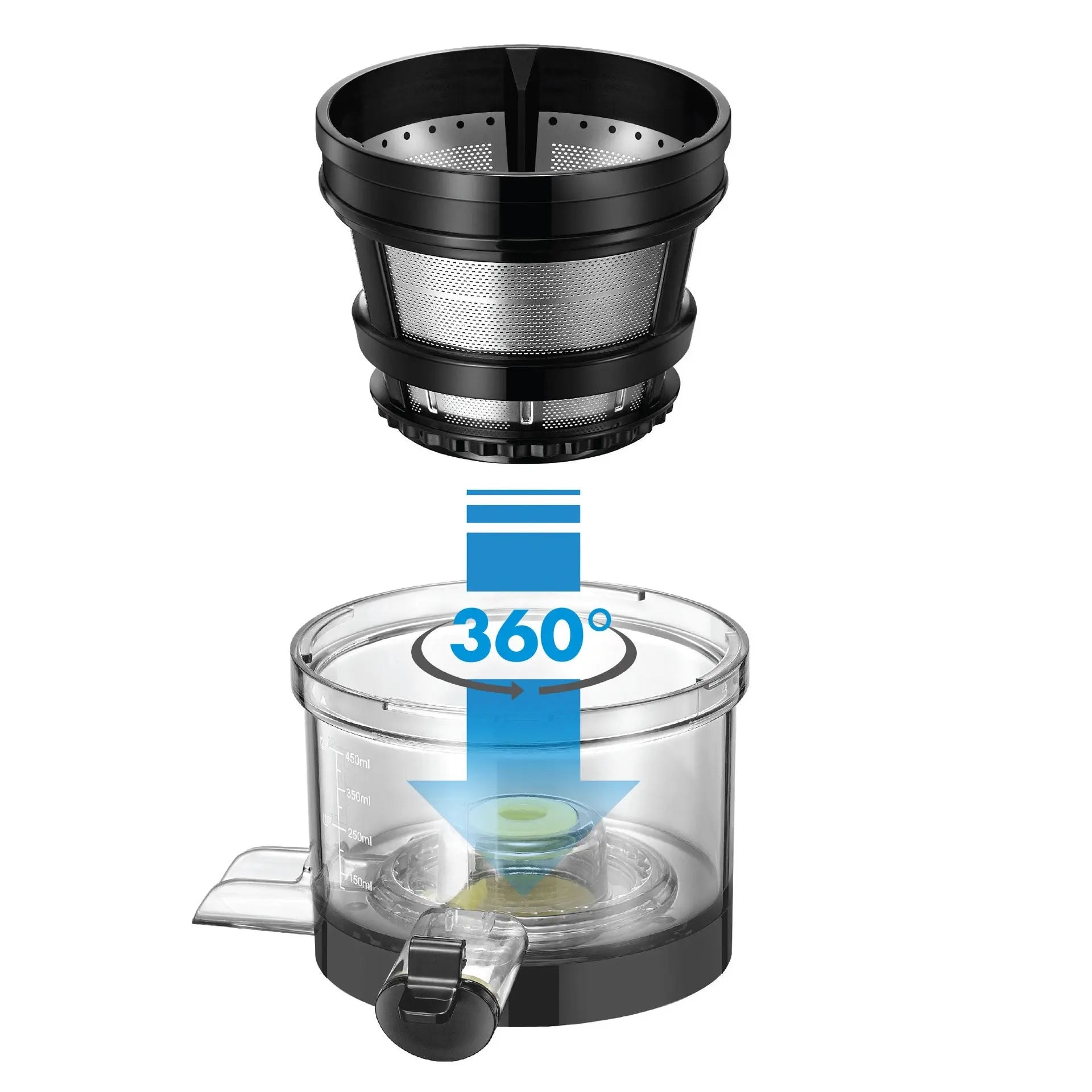 Extracteur de jus noir avec flèche de rotation.