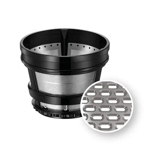 Filtre à jus en métal noir et argenté.