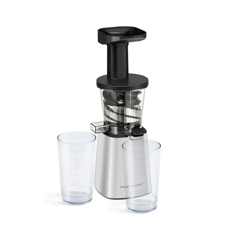 Extracteur de jus argenté et noir.
