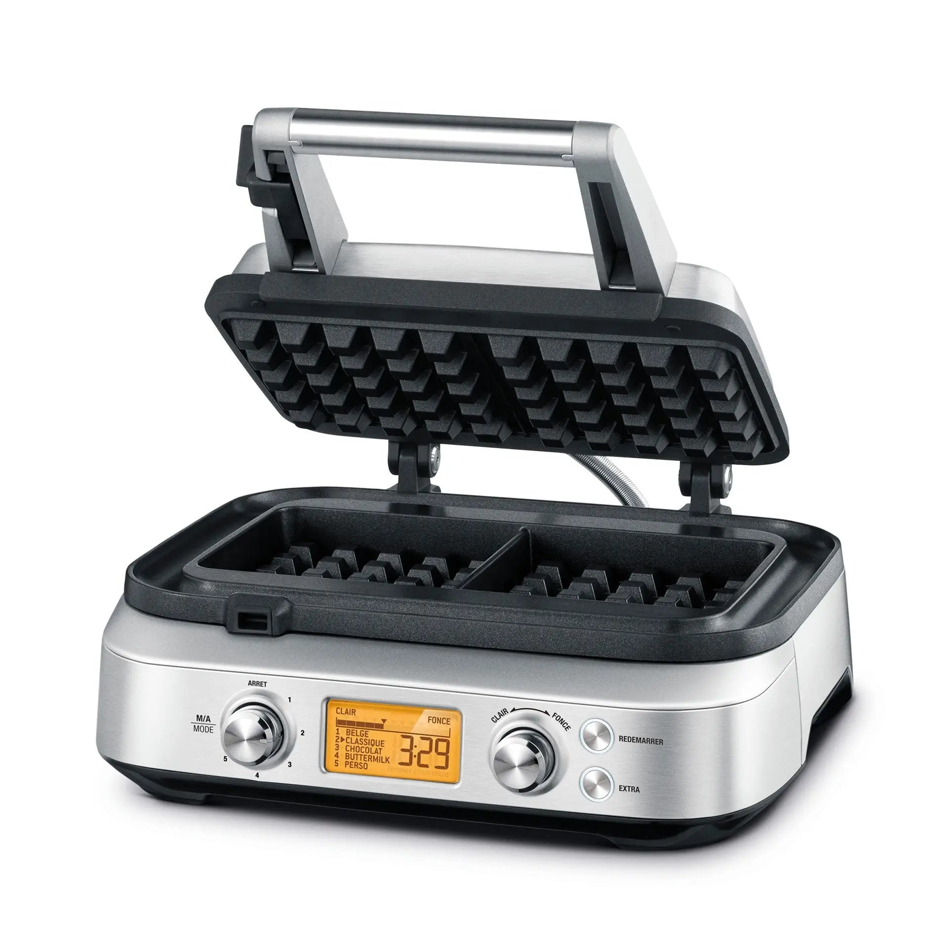 Gaufrier argenté ouvert, écran LCD allumé.