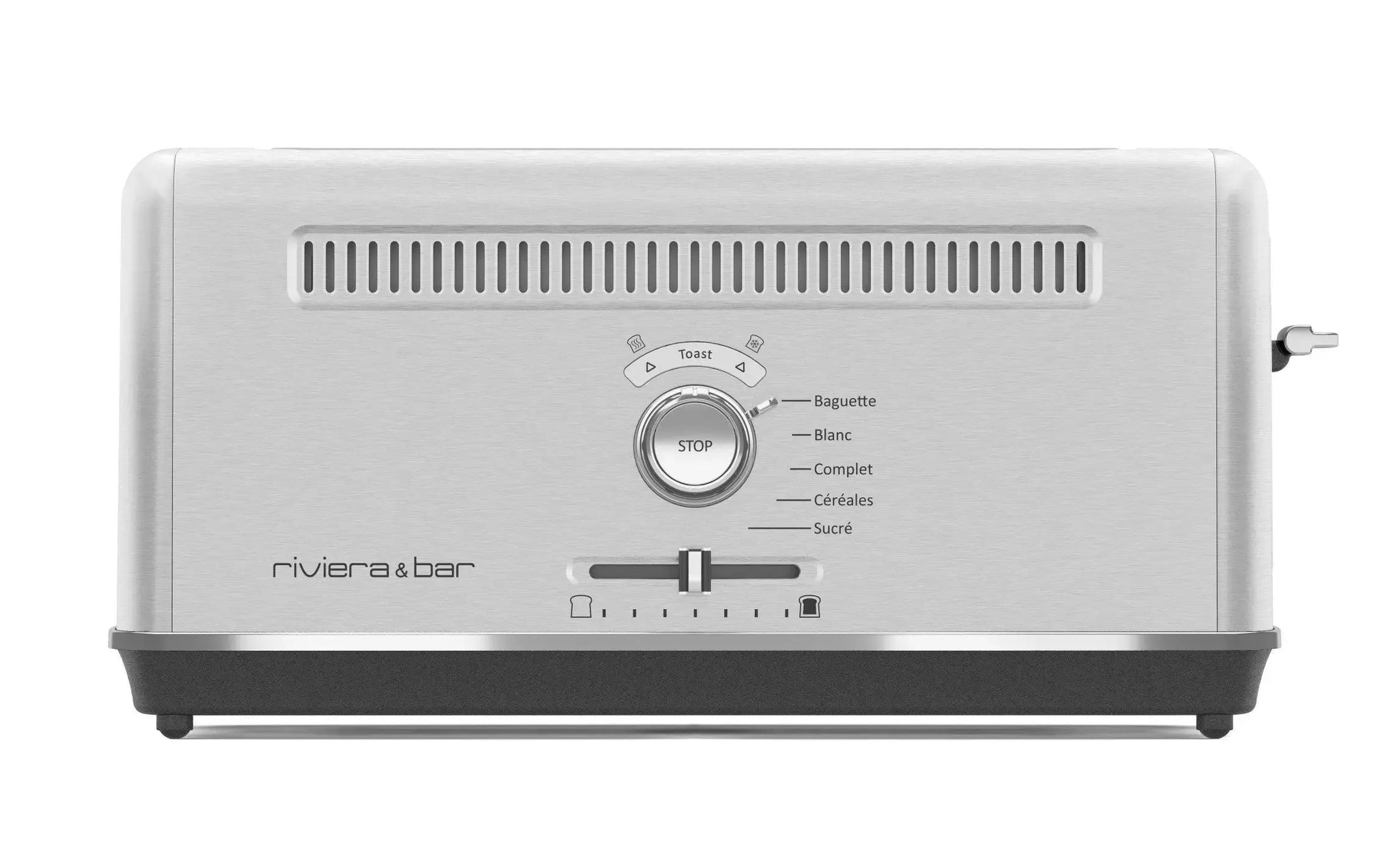 Le Grille-pain 1 fente en inox de riviera&bar comprend un bouton central pour le type de pain, un réglage de la tranche épaisse, un bouton STOP, un curseur de brunissement et une fenêtre Vision pour des toasts parfaits, le tout dans un design argenté moderne.