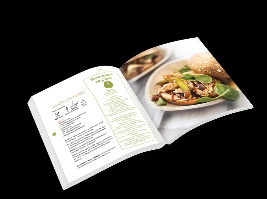 Parcourez une page du Riviera&bar FR Livre Health, présentant le Sandwich texan au poulet effiloché, pickles, épinards, et les astuces santé pour une alimentation saine.