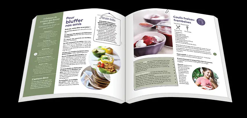 Un Livre Health ouvert de Riviera&bar FR présente des recettes, des photos, des ingrédients et des étapes dynamiques. La page de gauche présente des plats salés accompagnés de conseils, tandis que la page de droite montre un coulis de fraises et de framboises et une femme en train de savourer un dessert.
