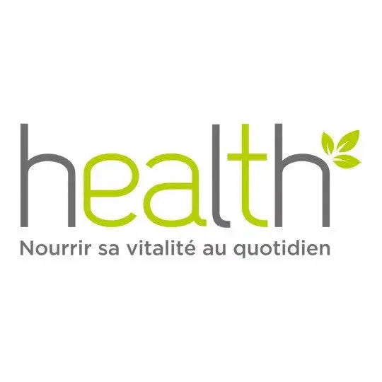 Logo "health" vert et gris, avec des feuilles vertes, et le slogan "Nourrir sa vitalité au quotidien".