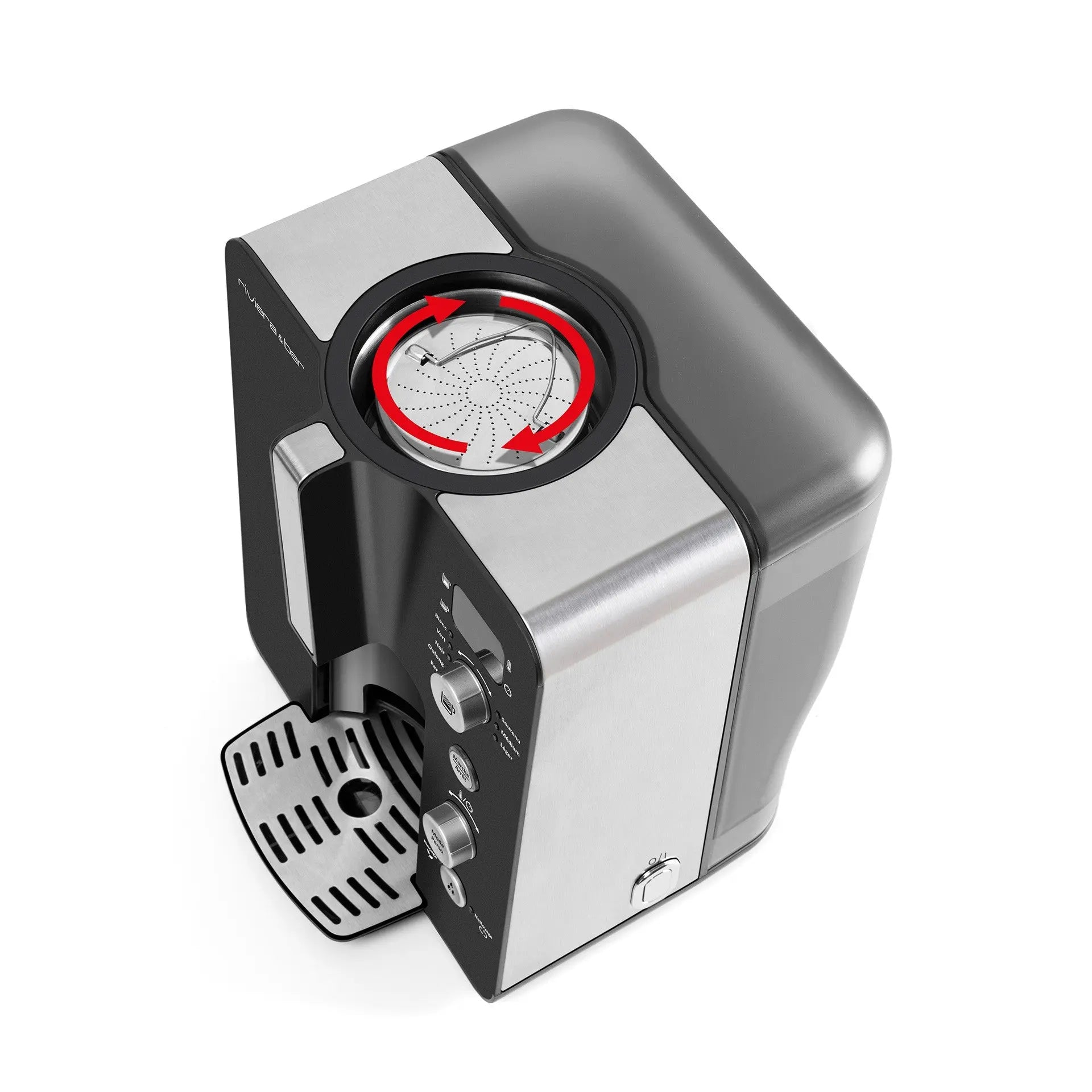 Cafetière argentée et noire.