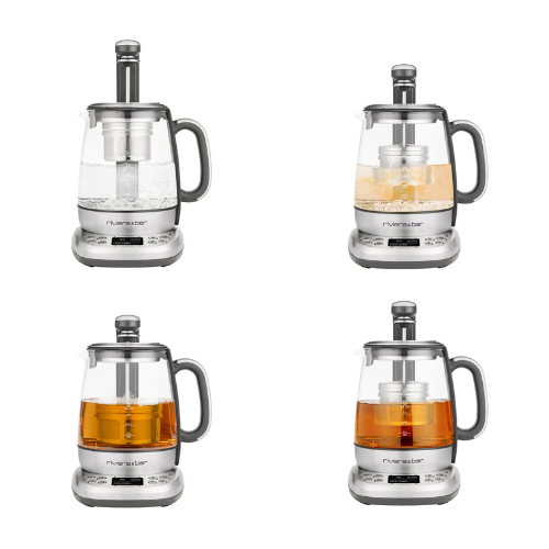 Une théière électrique en verre est présentée en quatre étapes : chauffage de l'eau, ajout des feuilles de thé, infusion du thé et infusion finale du thé. Chaque étape présente une couleur de liquide différente, allant du clair à l'ambre foncé.