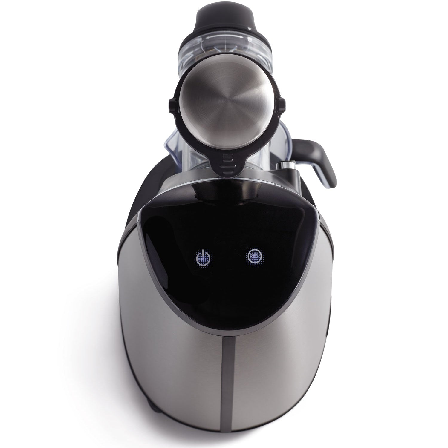 Une vue de haut en bas de l'Extracteur de jus haute performance riviera&bar, avec un bouton rond et deux symboles de puissance illuminés sur son écran, lui donnant un visage de robot - idéal pour les fans de l'extraction à froid.