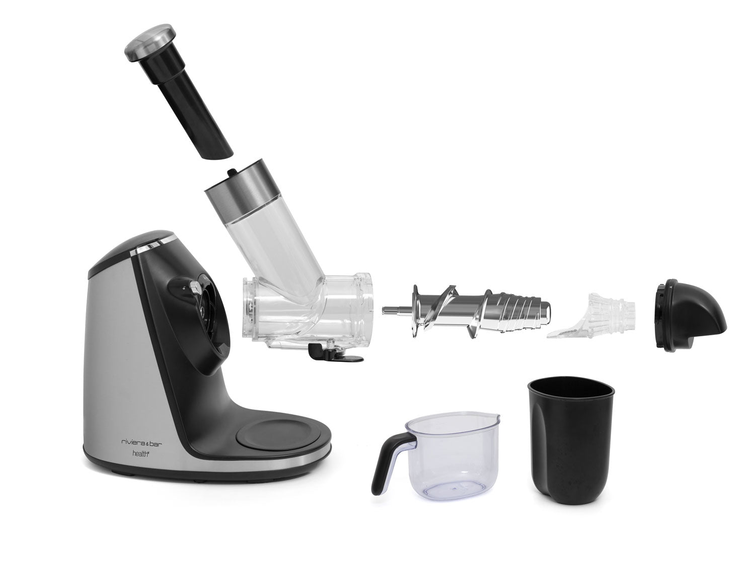 L'extracteur de jus haute performance de riviera&bar est présenté démonté sur un fond blanc, montrant sa base en inox, sa goulotte, sa vis sans fin d'extraction à froid, ses récipients à jus et à pulpe, ainsi que d'autres accessoires.