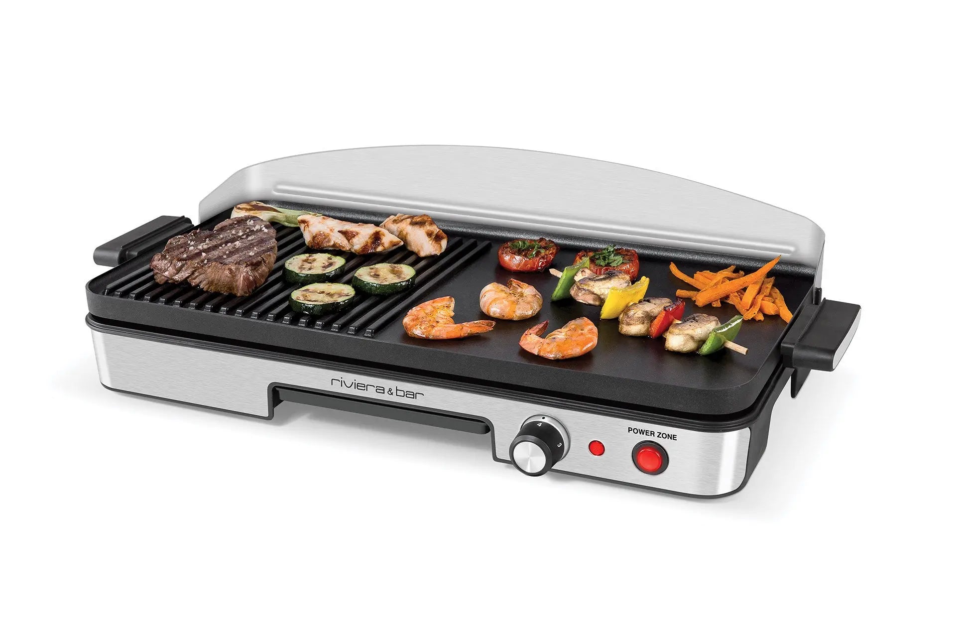 Grill électrique avec légumes et viande.
