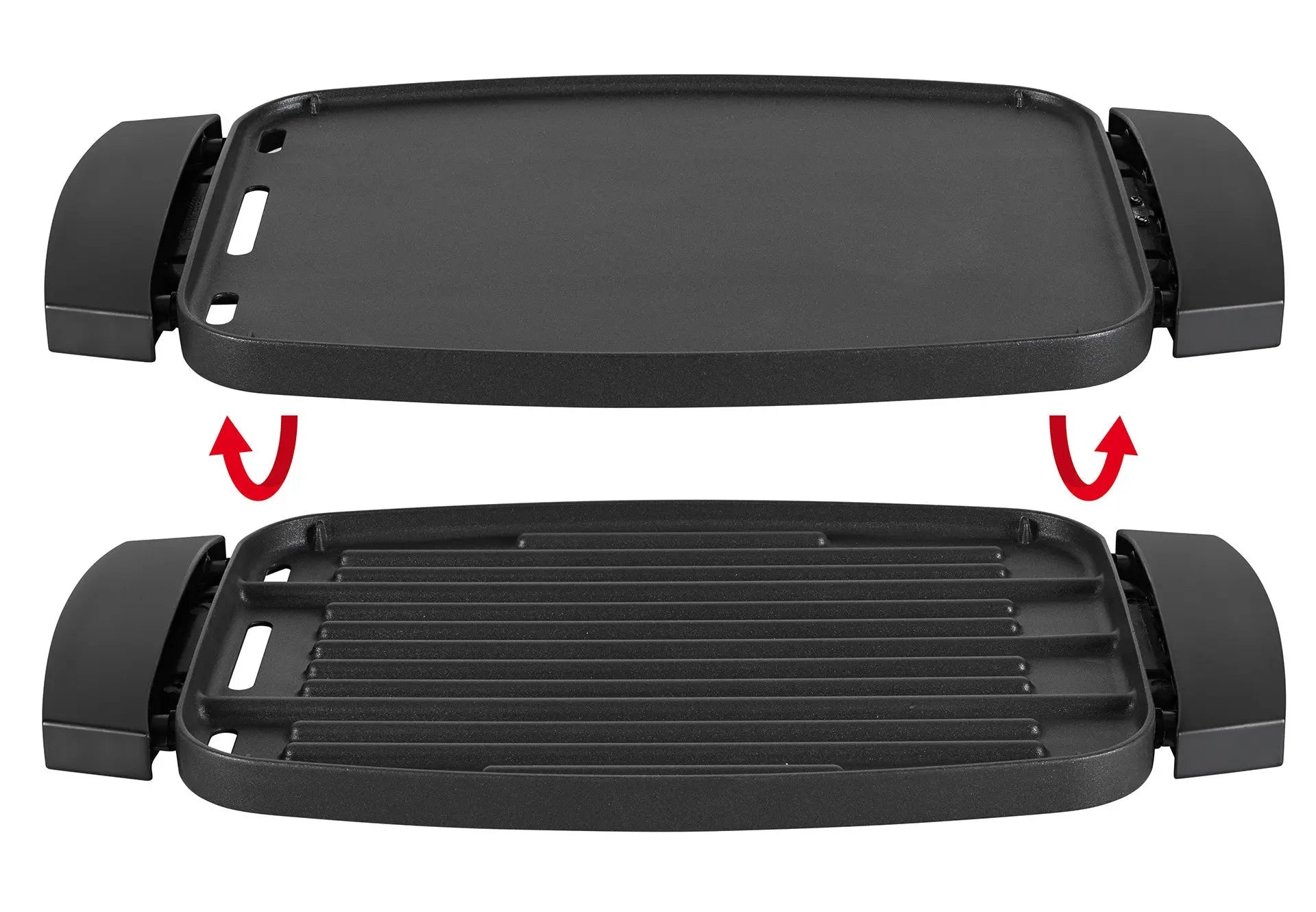 Gril électrique noir, surface lisse et rainurée.